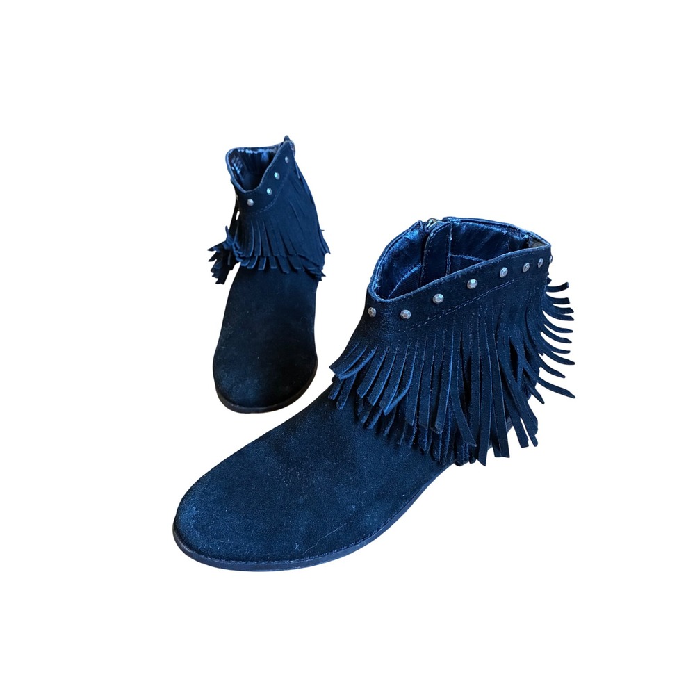 Minnetonka Black Suede Fringe Studded Ankle Boots Size 6 Western Boho Cowgirl